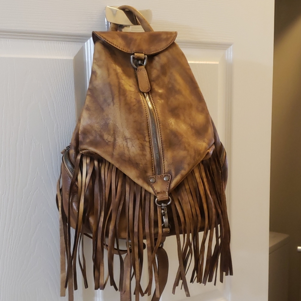 Italian distressed leather fringed backpack purse